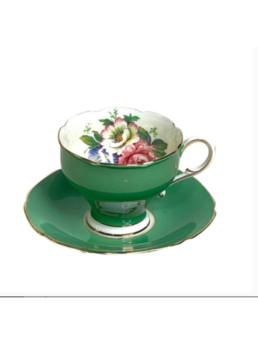 Vintage Paragon Cabbage Rose Teacup / Saucer Set Double Warrant Mint Green 97968